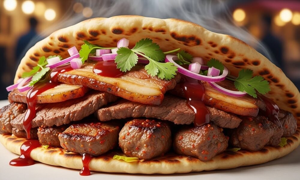 Mouthwatering levapioli street food sandwich stuffed with grilled meats and toppings, highlighting the savory Balkan delight.